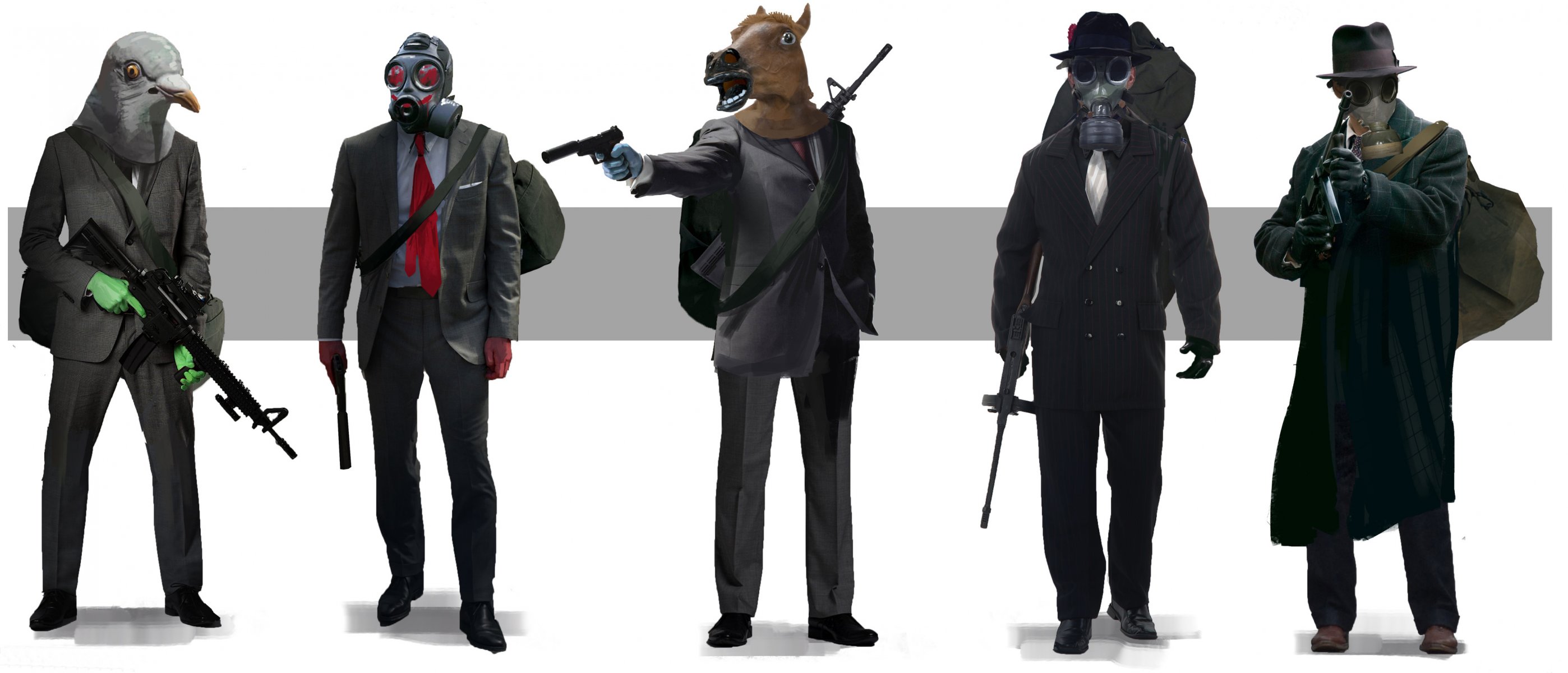 robbers criminals weapons machine guns gas mask mask