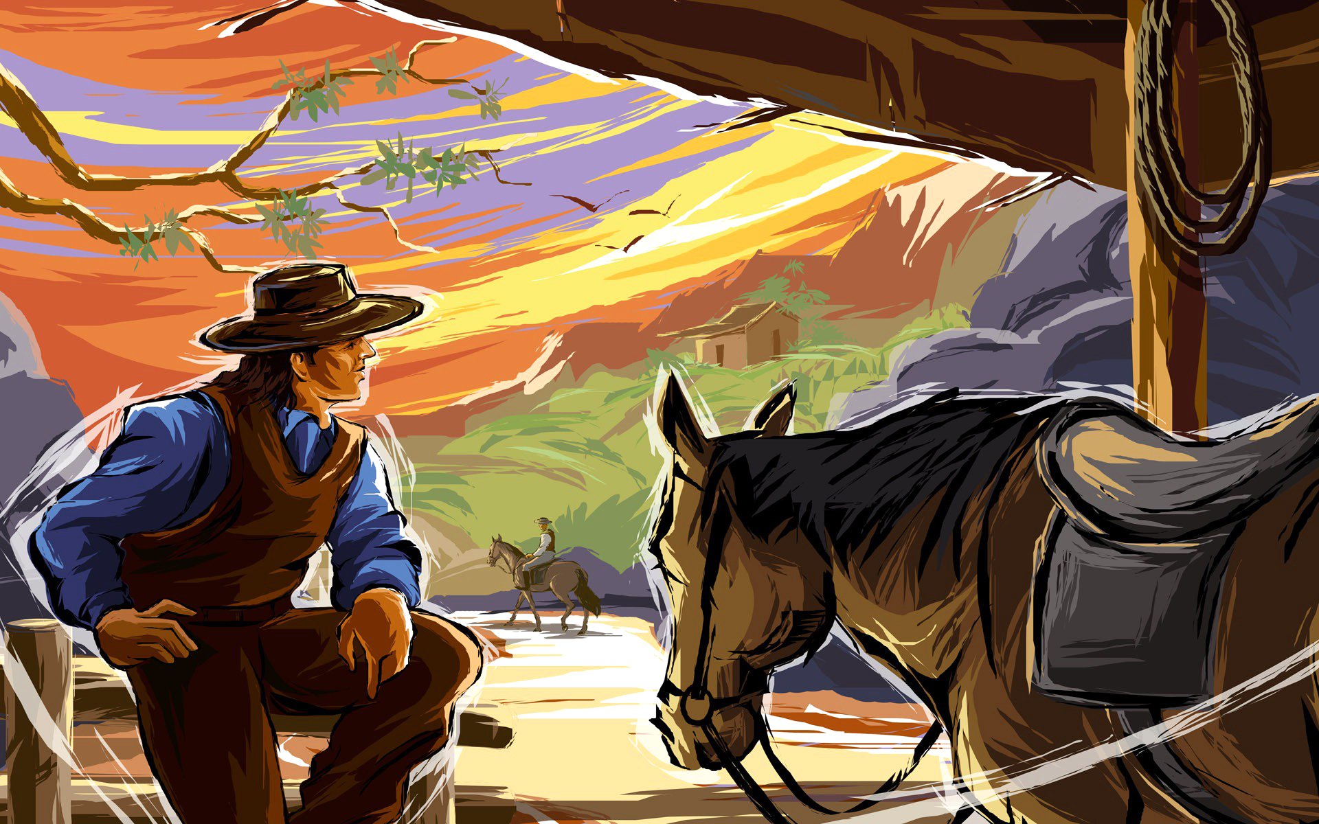 salvaje oeste vaquero caballo montañas figura vector