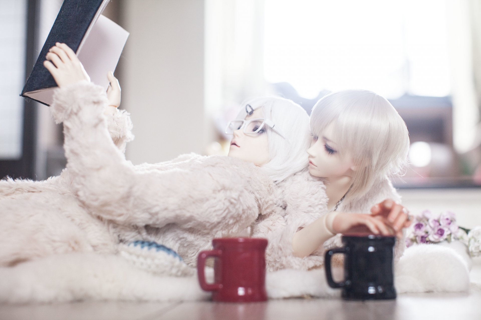 bambola bjd ragazzi capelli bianchi libro tazza tazze fiori occhiali
