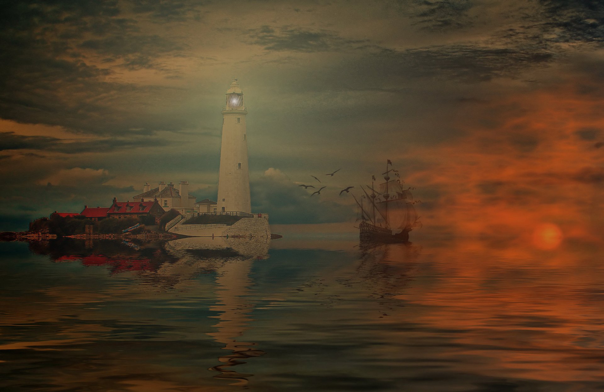 маяк море небо облака отражение корабль