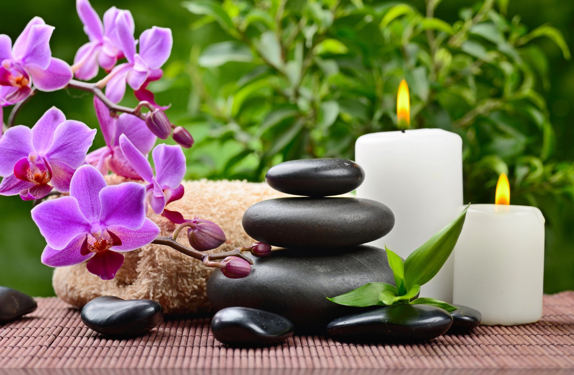 spa steine handtuch blätter orchidee