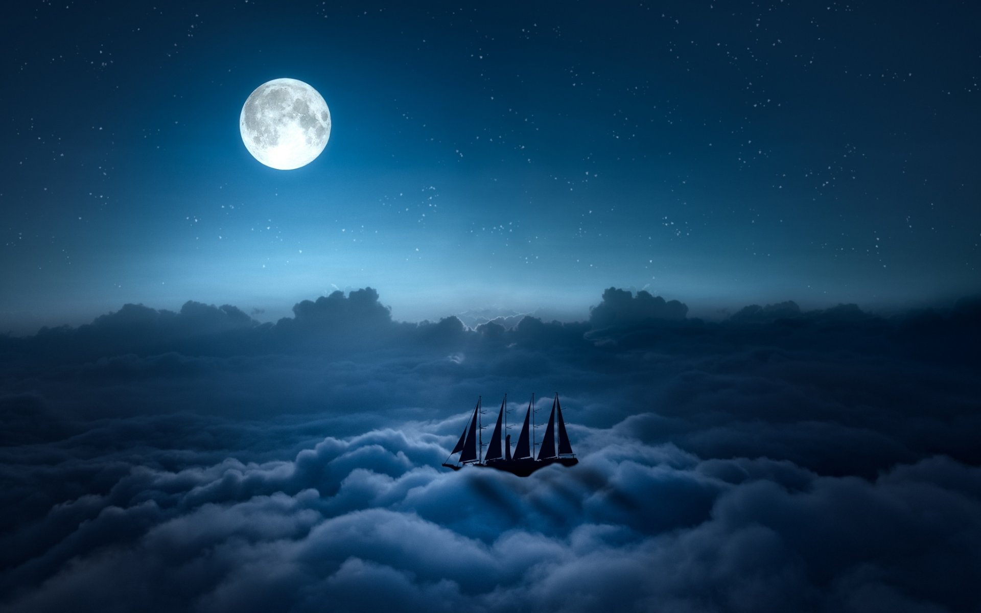 noche cielo nubes luna estrellas velero