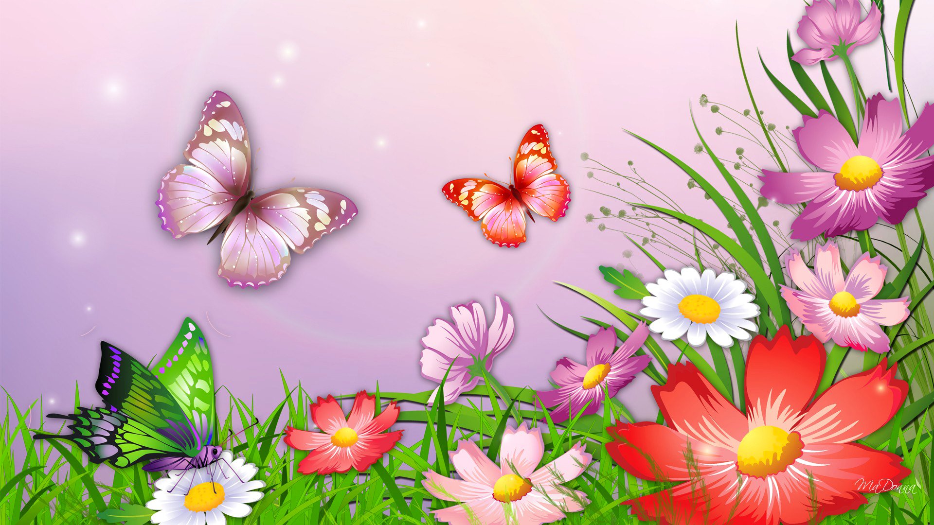 природа трава цветы бабочки рисунок вектор