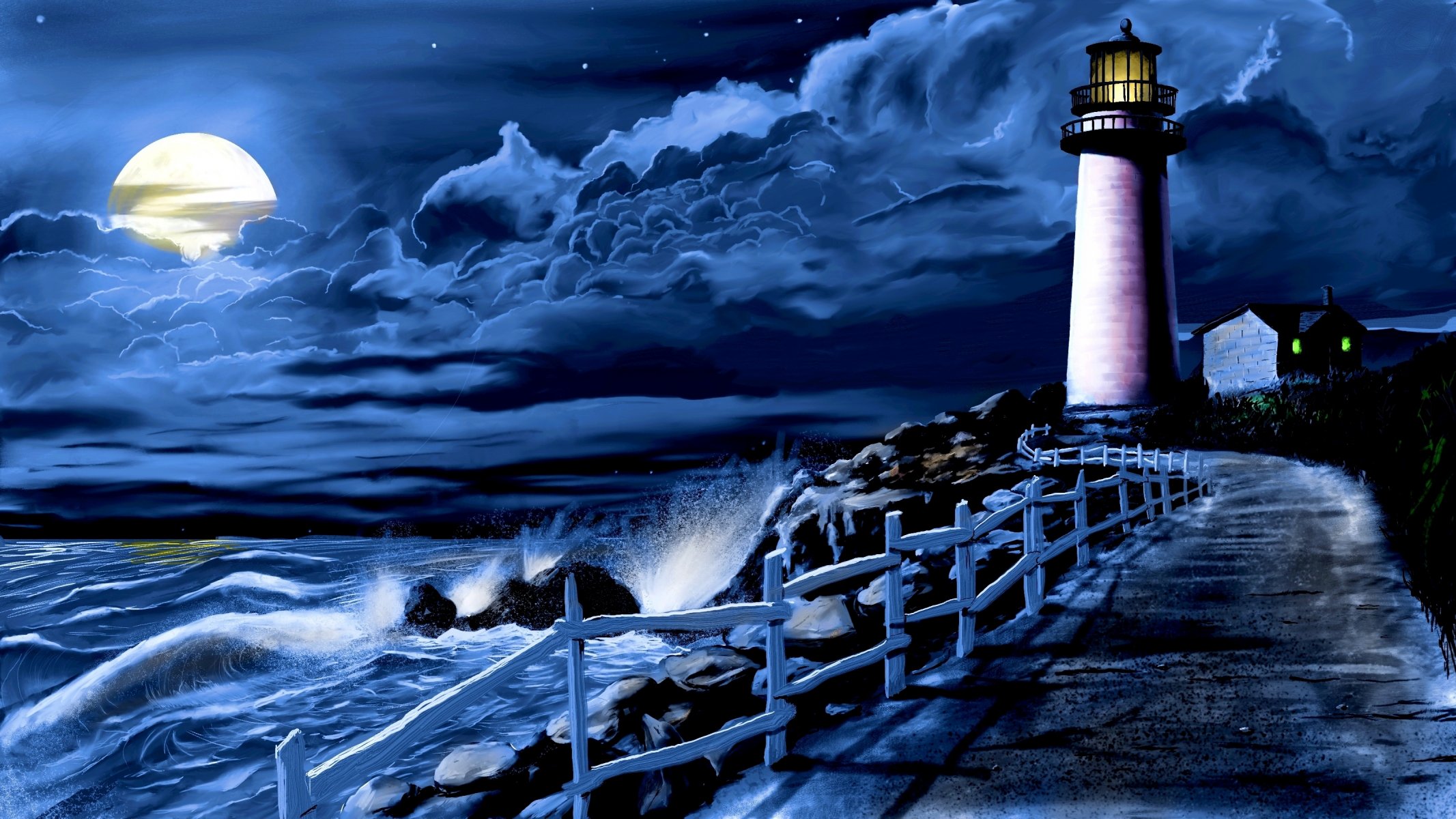 mer vagues surf nuit lune nuages phare passerelle