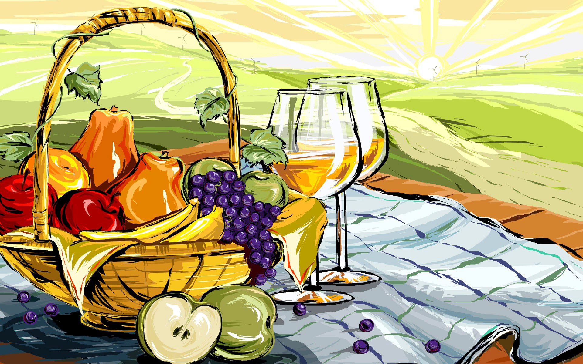 naturaleza muerta paisaje cesta fruta manzanas peras uvas comida copa vino figura vector