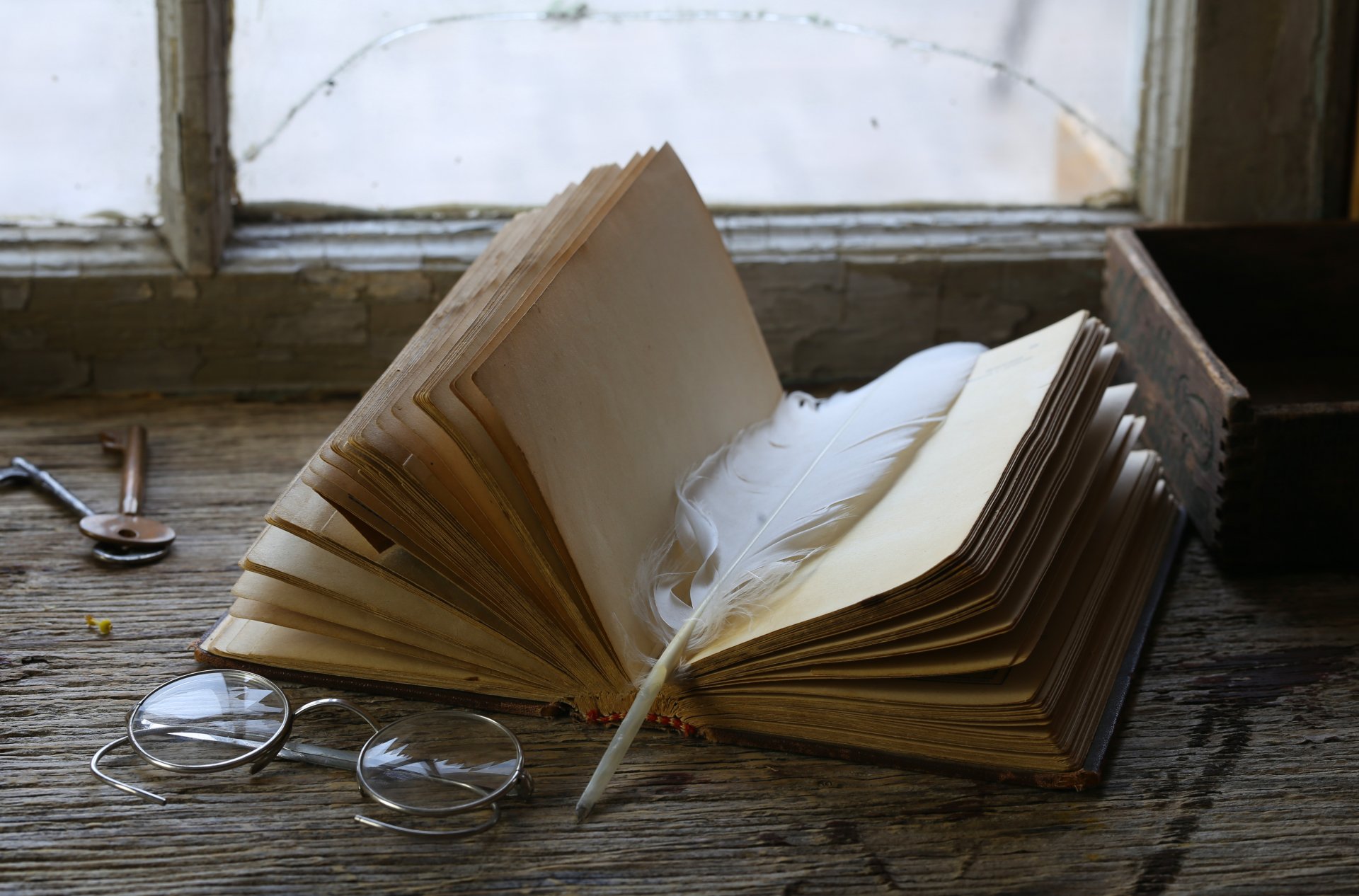 vintage vintage book window sill glasses keys pen