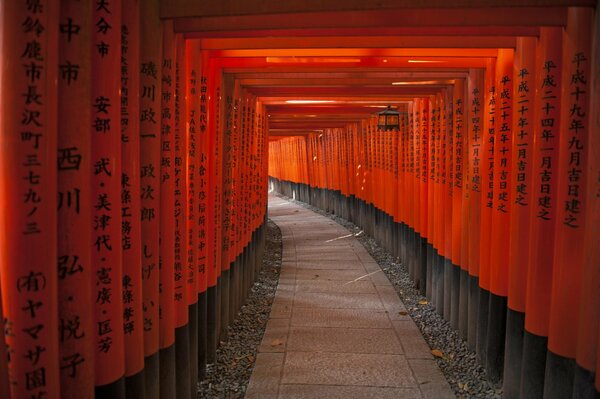 The road along the red Japanese pillars with hieroglyphs