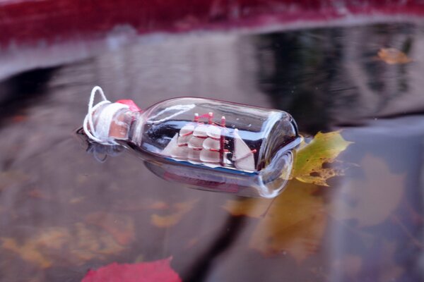 Eine Flasche mit einem Schiff im Inneren schwimmt den Fluss entlang