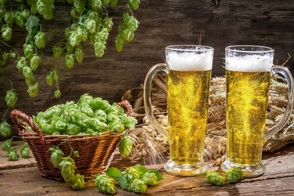 Two mugs of light beer on the table