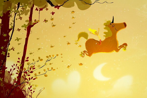 Ragazza su unicorno su sfondo di albero e cielo