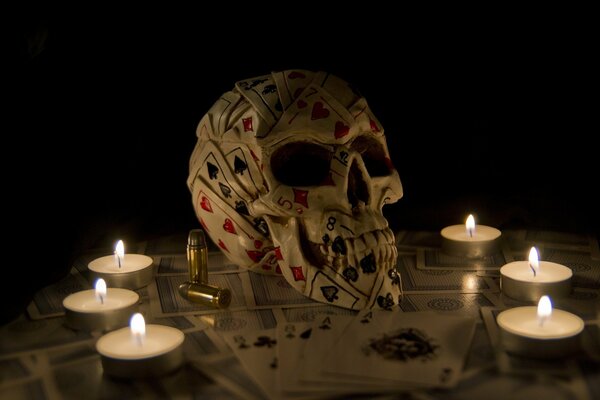 The interior of the occult room with a skull and candles