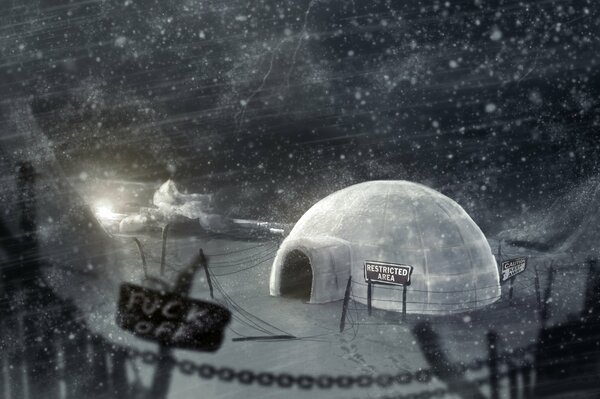 Hiver. Il fait nuit. Maison de glace