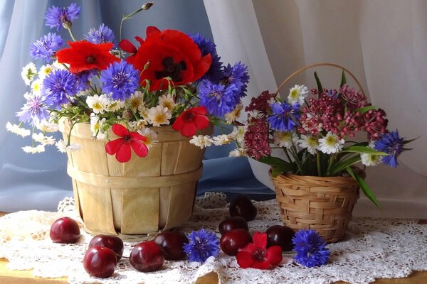Belle nature morte: paniers de fleurs et de baies