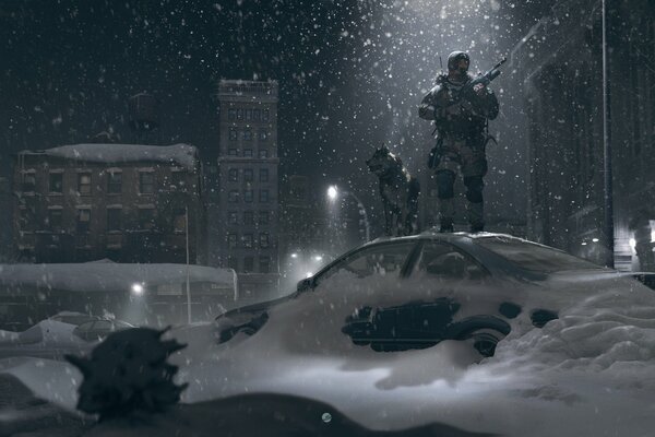 Soldat avec arme et chien debout sur la voiture par temps neigeux