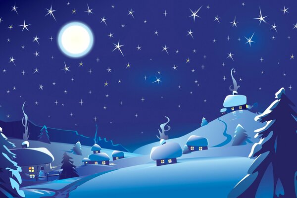 Winterlandschaft Sternenhimmel und Häuser im Schnee