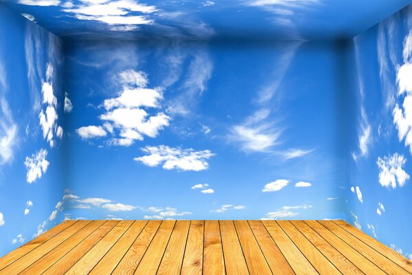 Creative cloud wallpaper room with wooden floor