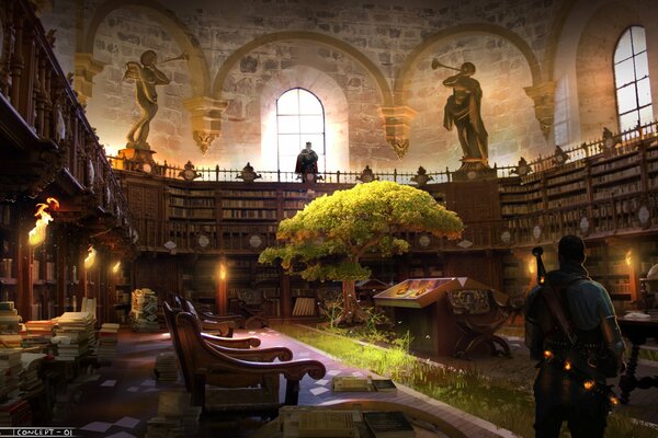 Wooden library clews kings quarters and in the middle of the tree
