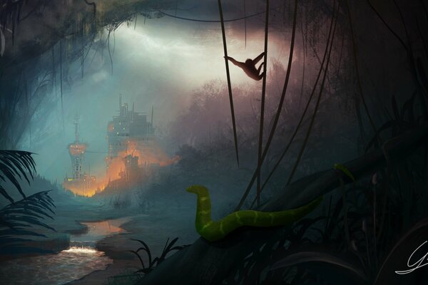 Art drawing of a jungle with a snake and a monkey is gloomy