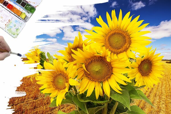 Disegno creativo di girasoli sul campo con pennello e vernice