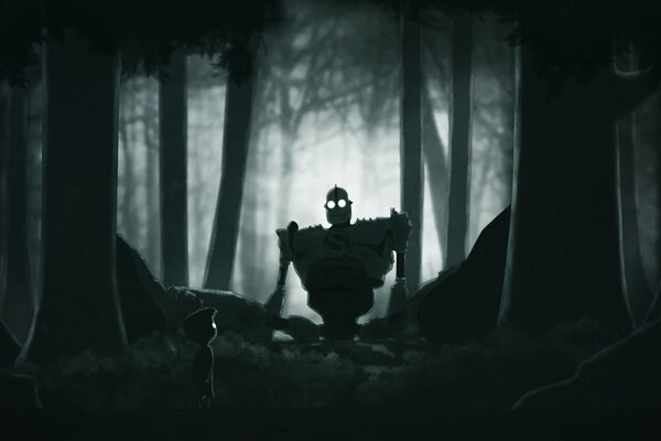 Image futurique d un géant dans la forêt de nuit