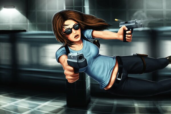 Fille guerrier saut et tir au pistolet