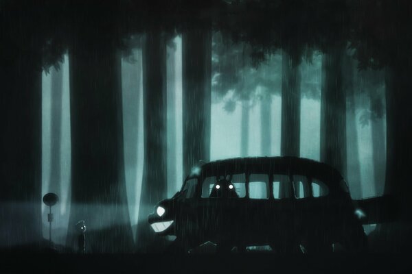 Cotobus with a boy in the night forest in the rain