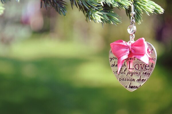 Love brilloc in the form of a heart on a coniferous branch
