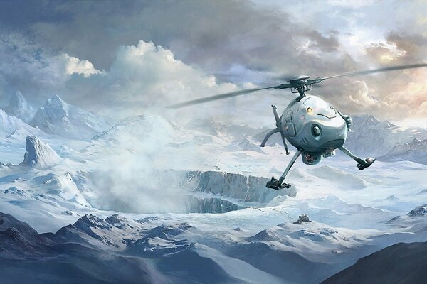 Obraz artystyczny. zima. śnieg. helikopter w górach