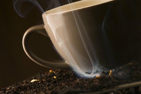 Una tazza di tè da cui proviene il fumo