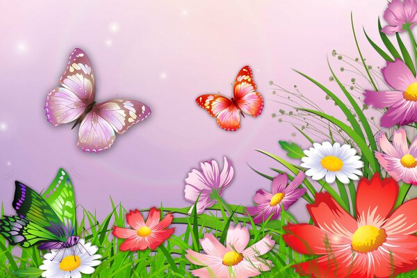 Drawing: flowers and butterflies on a pink background