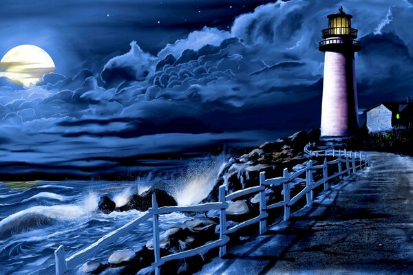 Nlch lighthouse sea and waves moon and surf
