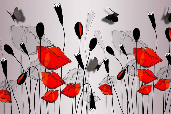 Disegno di fiori di papaveri e farfalle