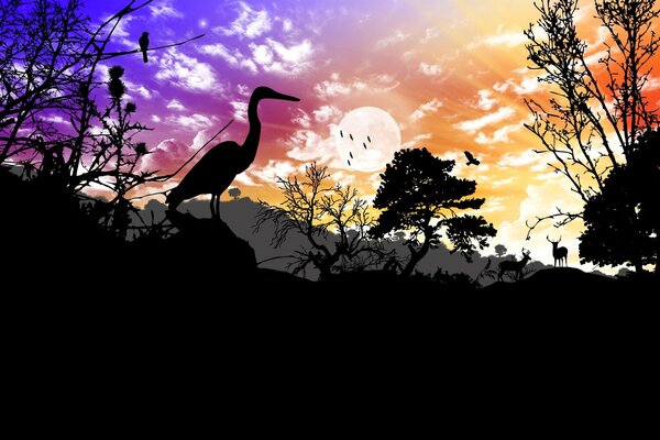Animali sullo sfondo di un tramonto luminoso