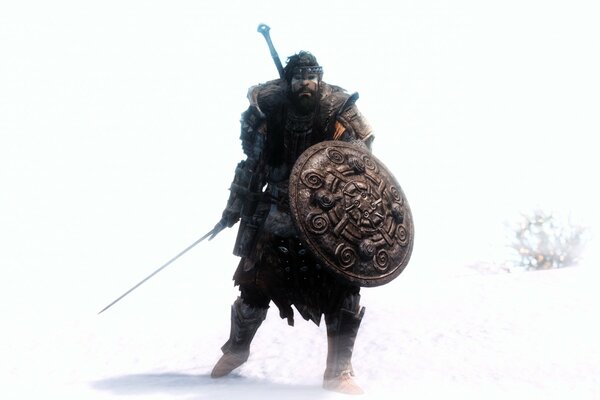 A warrior with a shield and a sword on a white background