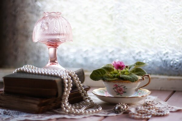 Pink violet in a cup with pearl beads