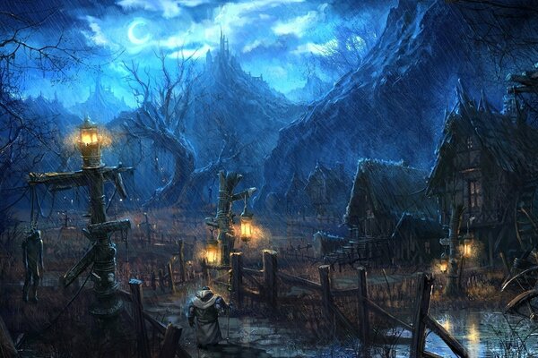 Arte immagine vecchia casa di notte in montagna