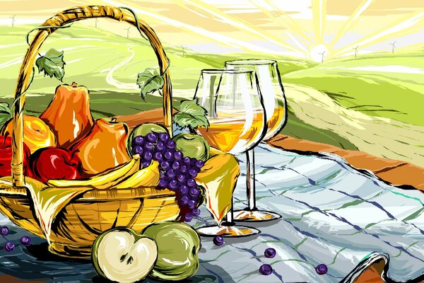 Fruits dessinés dans un panier et deux verres de vin