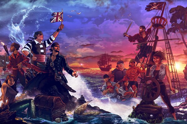 A team of pirates with a mermaid near a chest in the sea