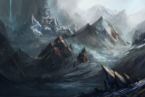 Disegno di montagne fragili con un castello