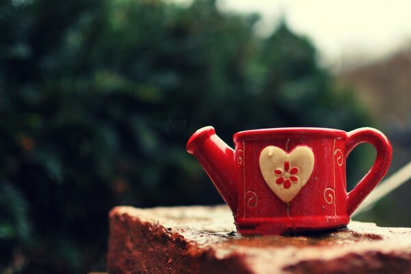 Photo d une tasse rouge avec un arrosoir sur une pierre