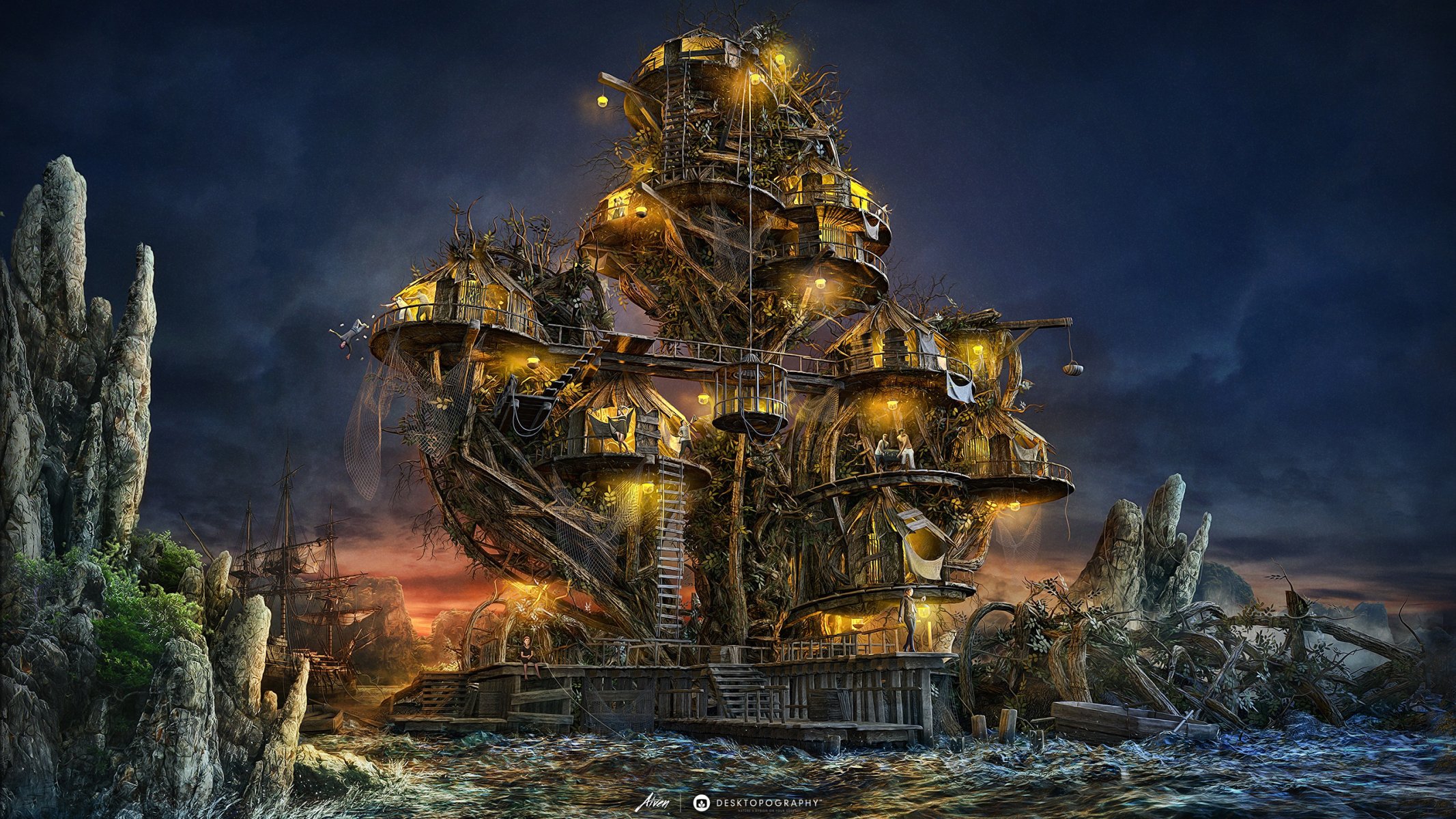 îles pirates art île maison nuit desktopography navire