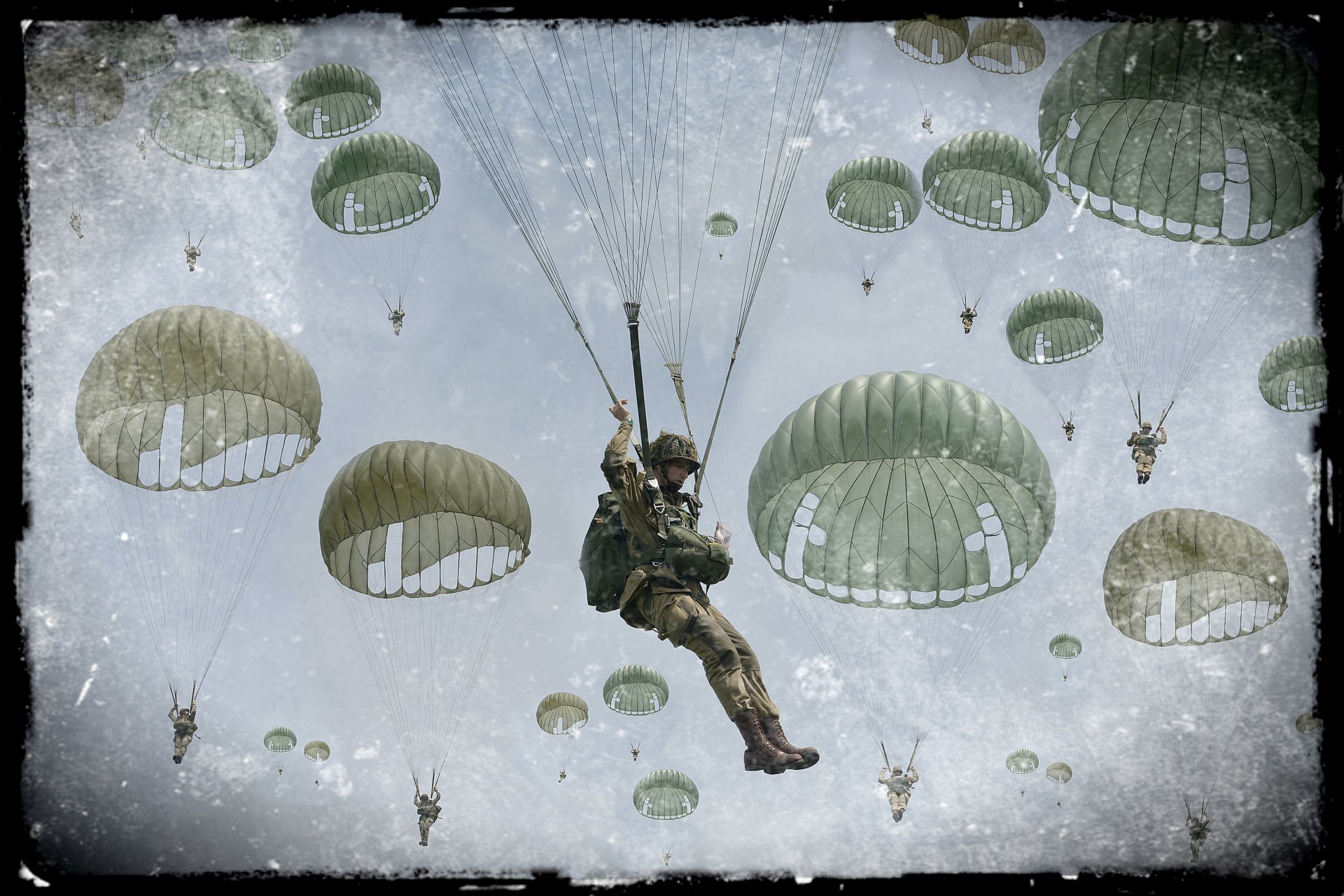 kunst soldaten fallschirmspringer fallschirmjäger himmel wolken landung kampf gruppen retro fototapete ww2 walllpaper