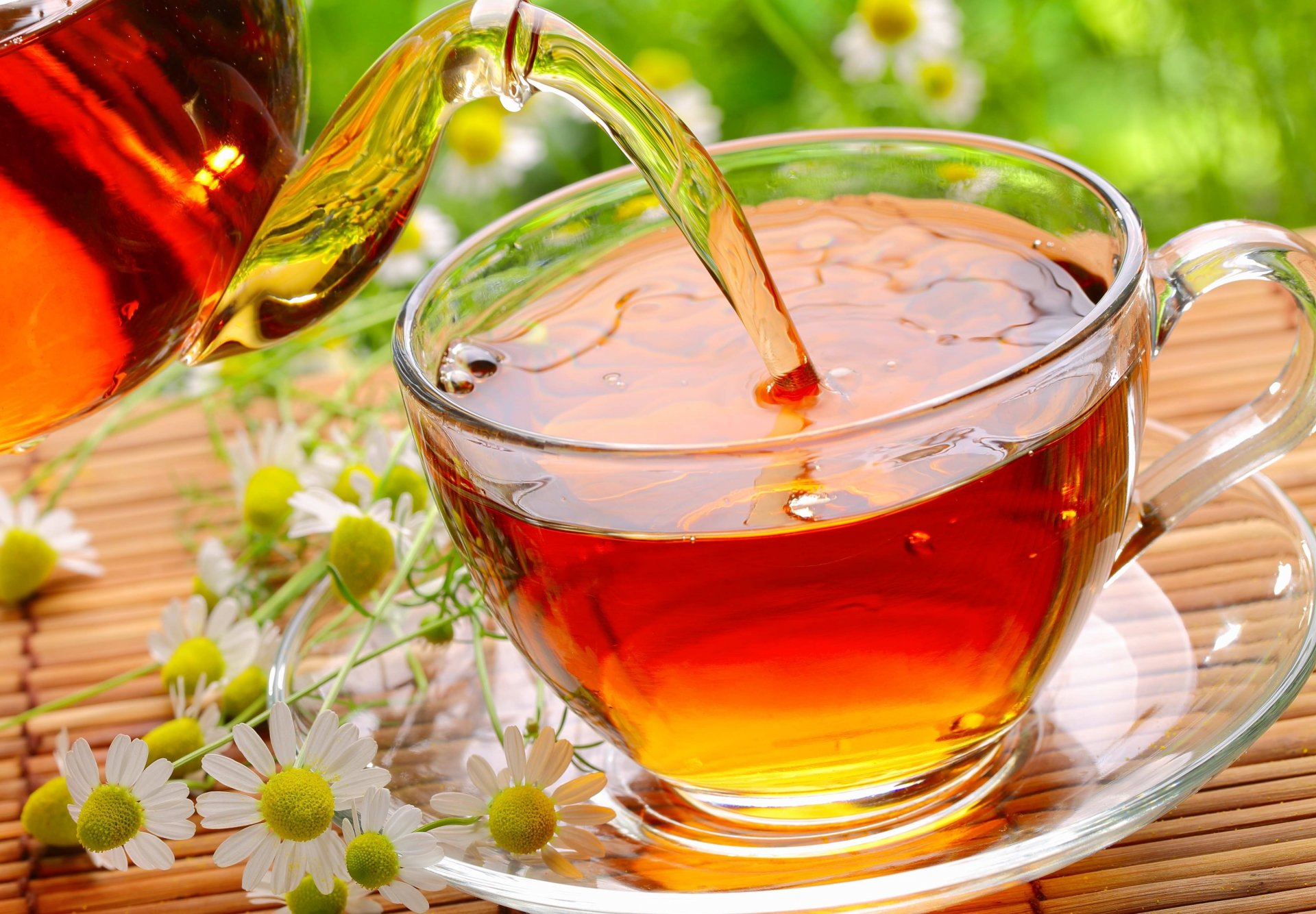 tea cup saucer glass chamomile flower mat