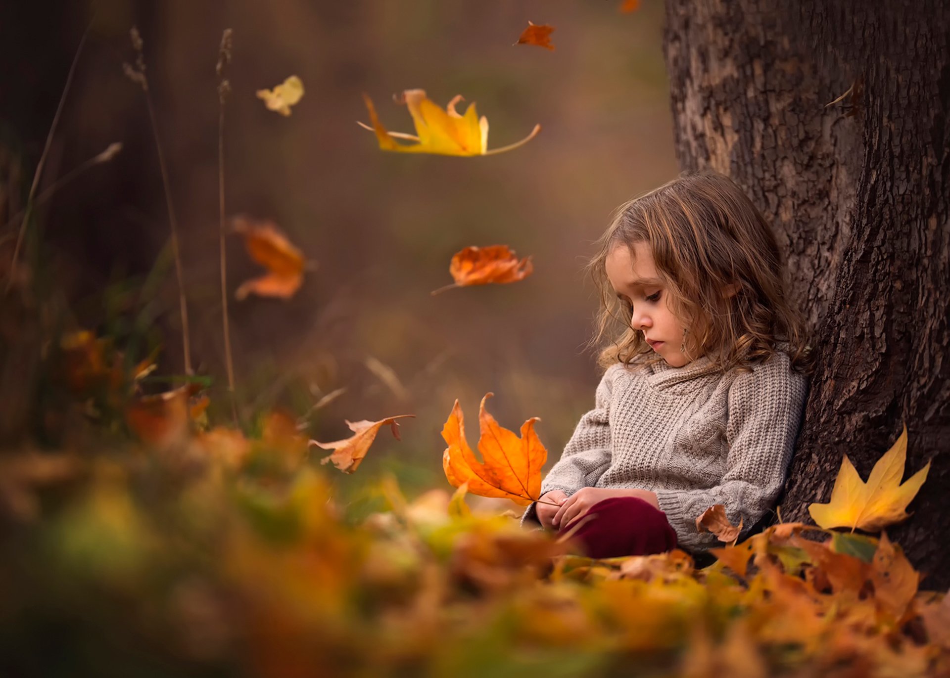 girl autumn leaves bokeh