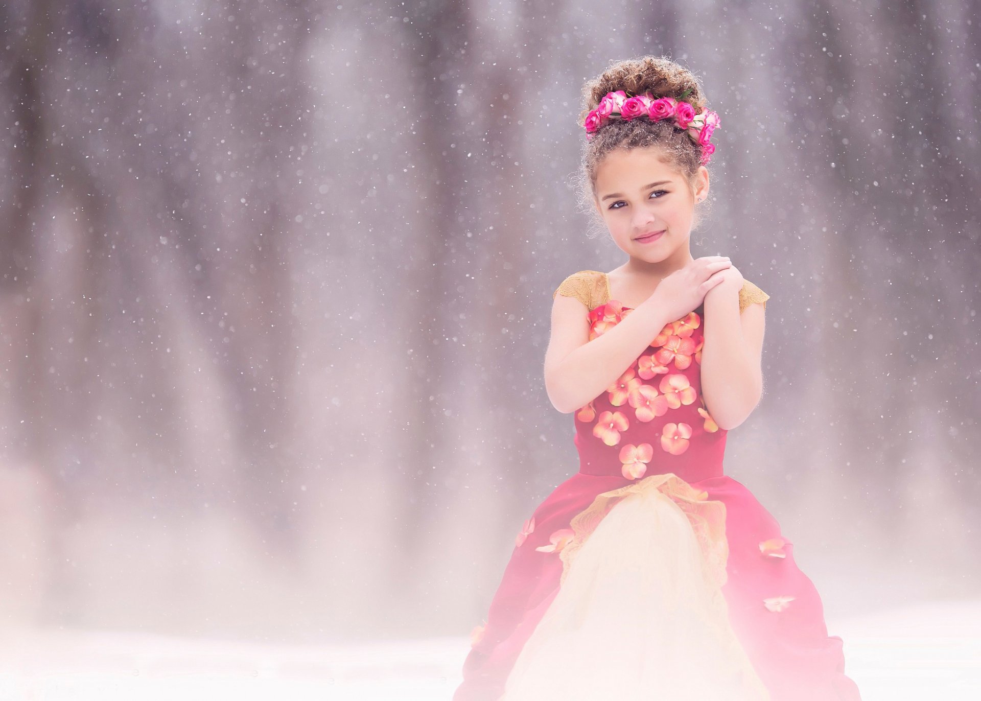 photographie d enfants fine art fille neige robe roses