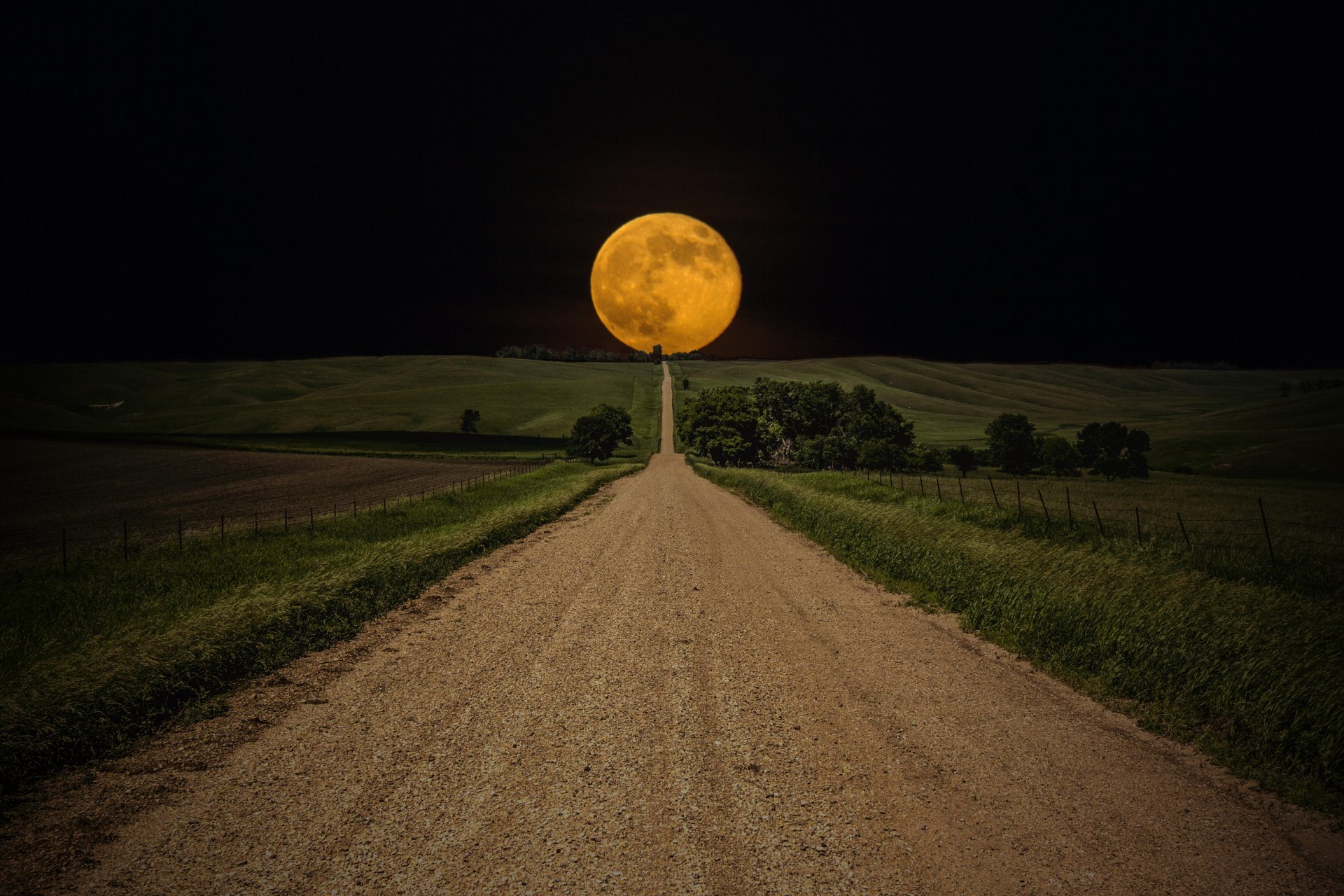 lune nuit champ route chemin ciel