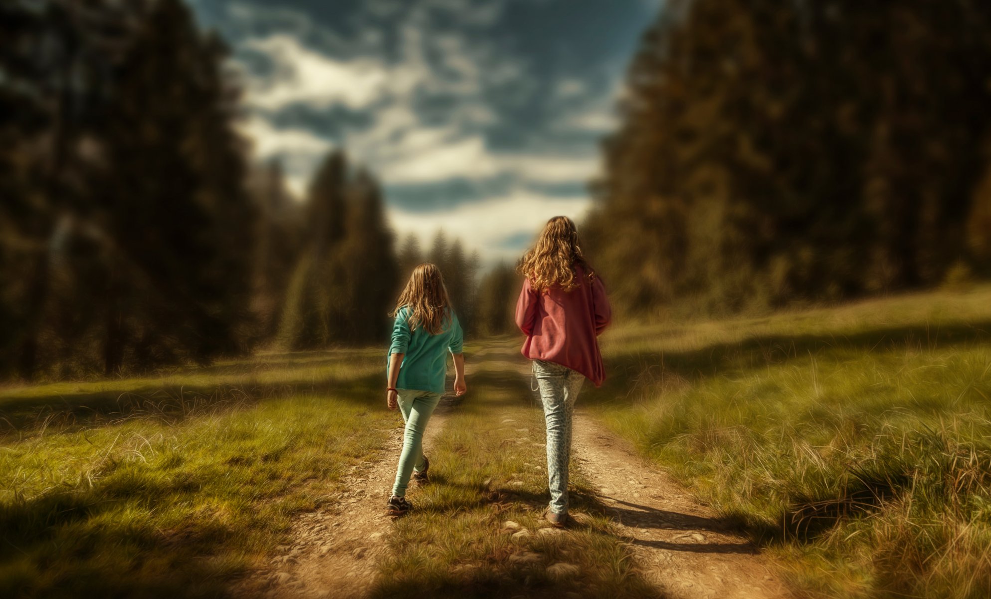 girls children walk bokeh processing