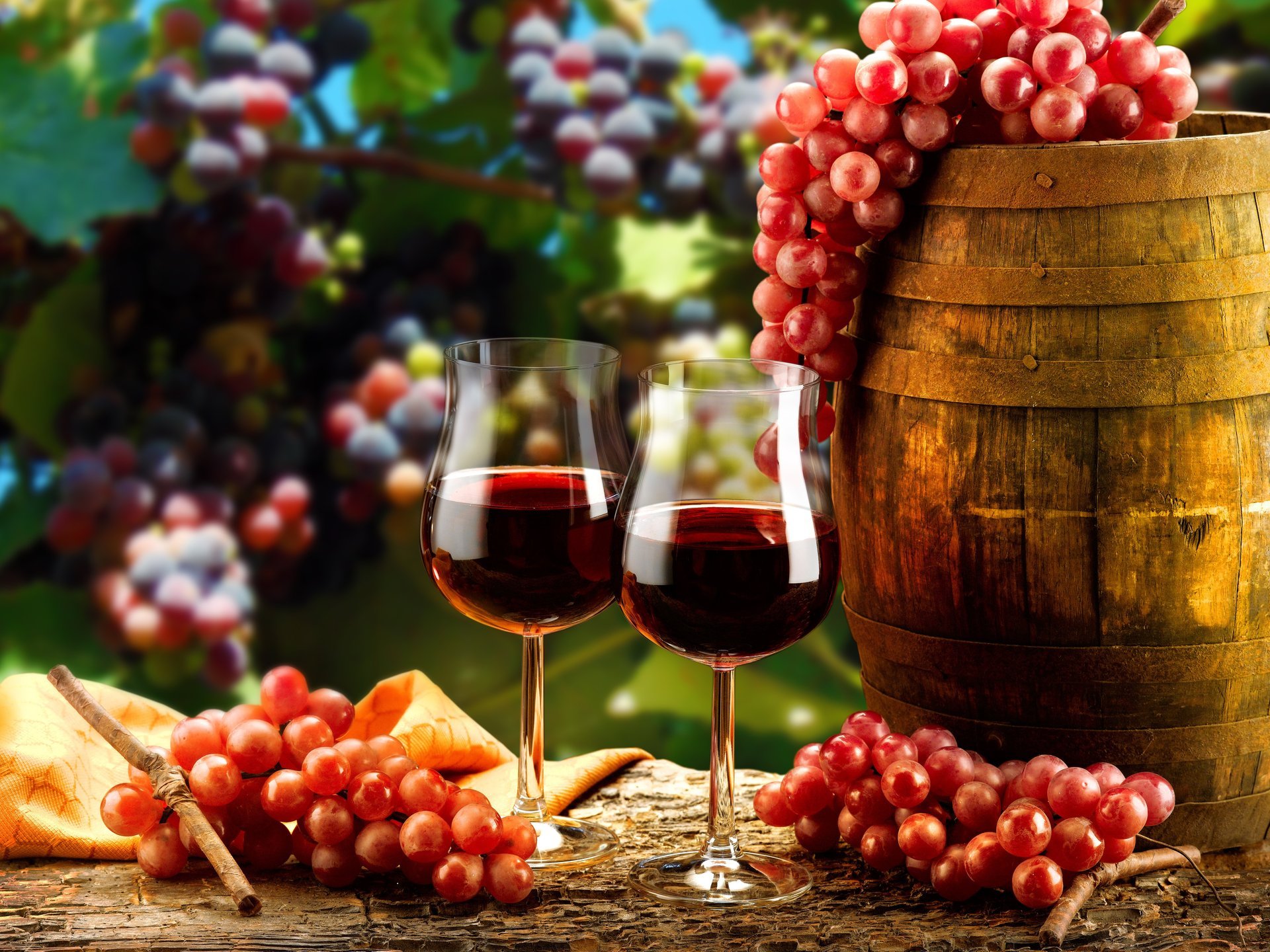 glasses wine red branches grapes barrel