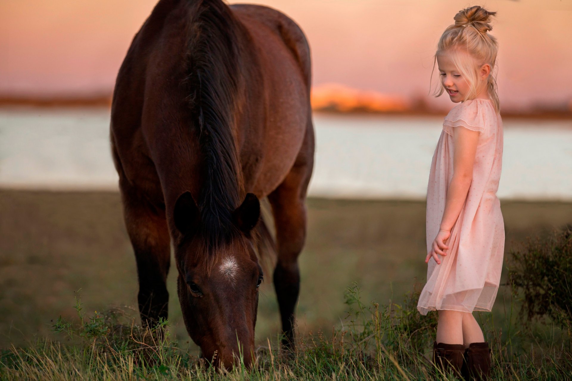 fille robe cheval nature coucher de soleil