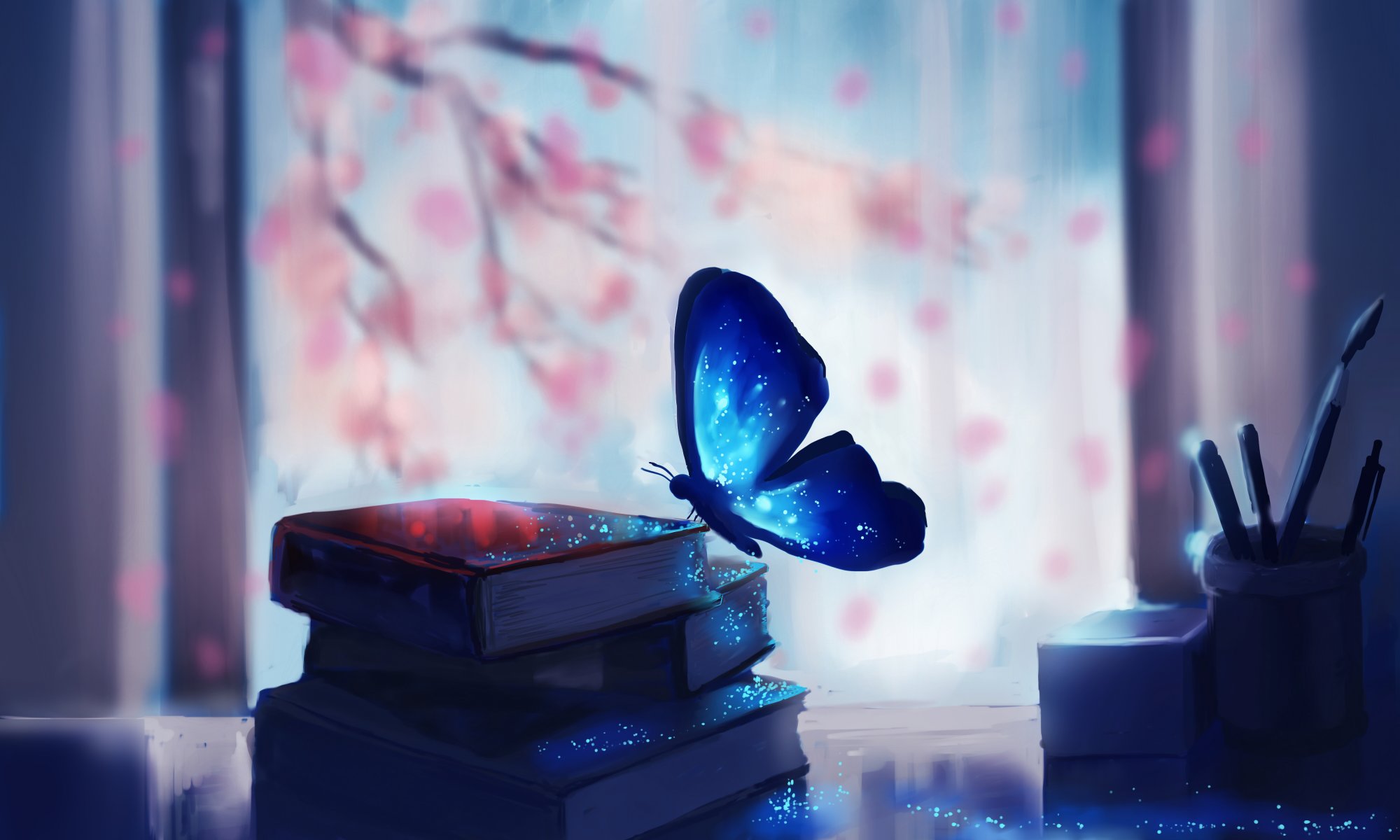 art chibionpu motyl książki gałęzie drzewo sakura